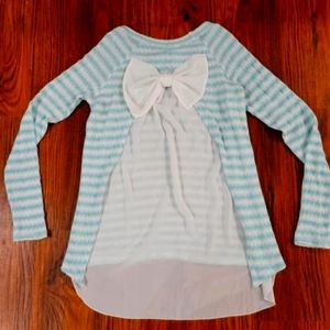 Lime Chili Striped Knit High-Low Sweater with Sheer Bow Accent Back